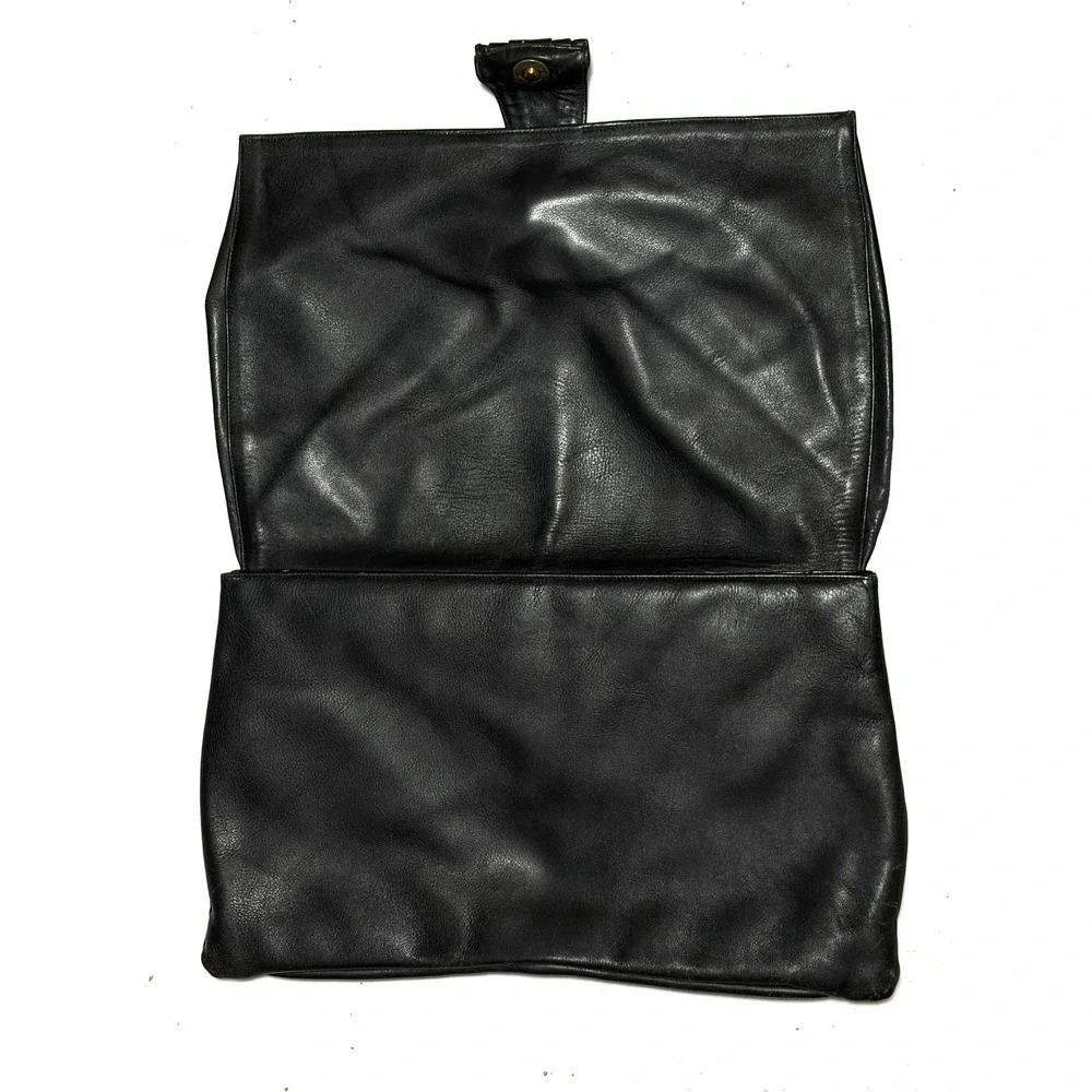 Vtg 80s Black Leather Clutch Bag Oversized Evening Purse Magnetic Snap‎ DMGD